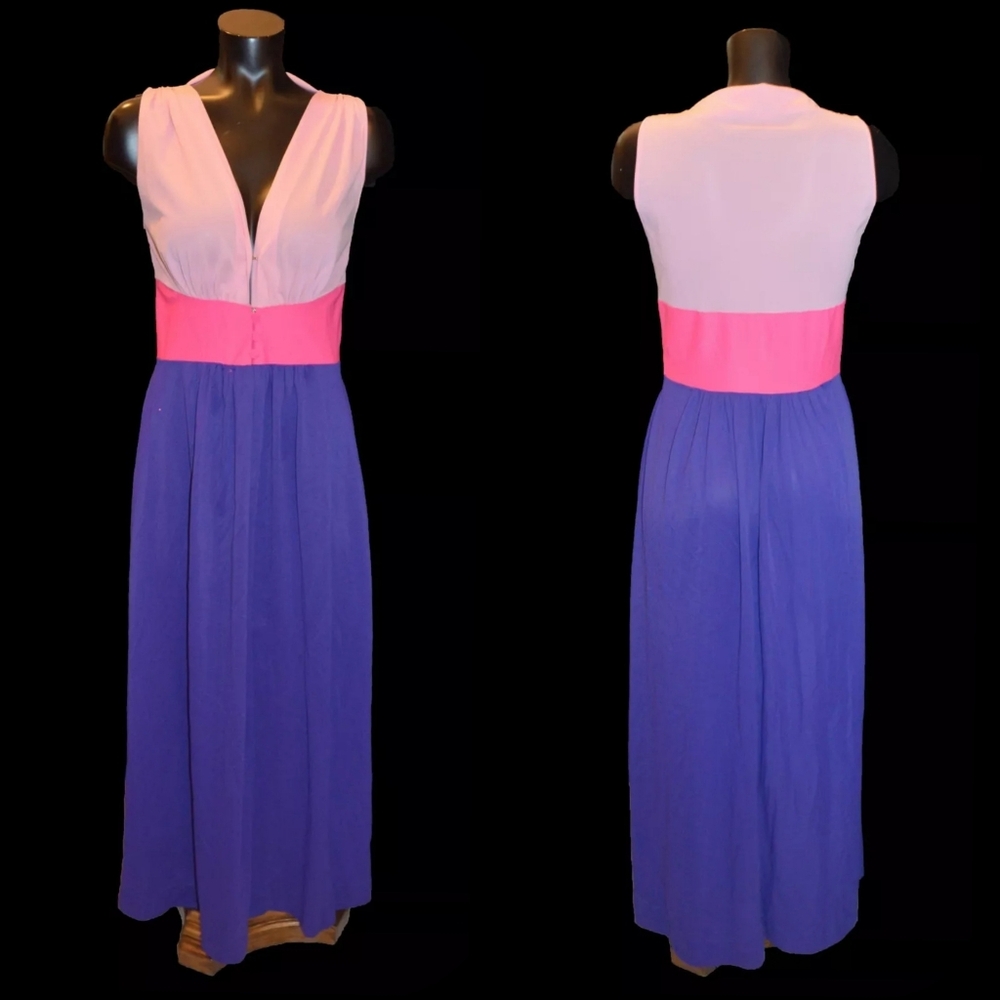 Penneys Gaymode Vintage Color Block Pink Purple Nylon Night Gown size M